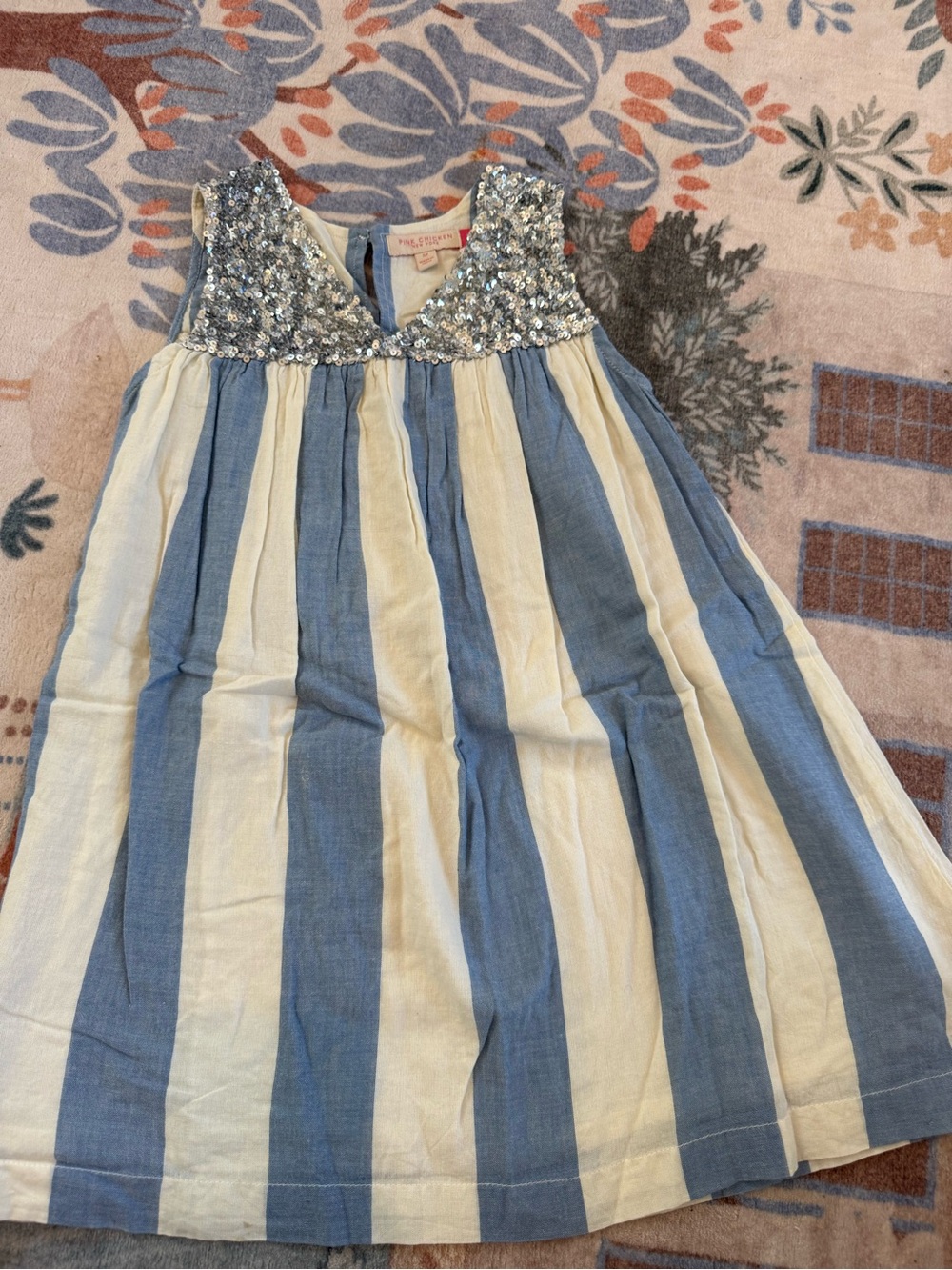 Pink Chicken Blue & Cream Striped Dress with Sequin Yoke